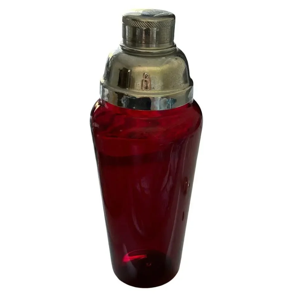 Vintage Ruby Red blown glass Mid Century Modern chrome topper martini shaker